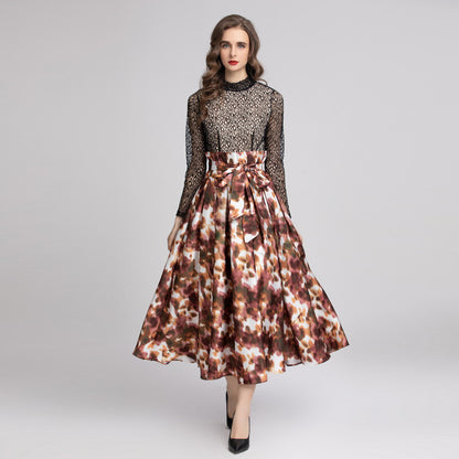 Lace Stitching Leopard Print Acetate Oversized Skirt Long Sleeve Dress