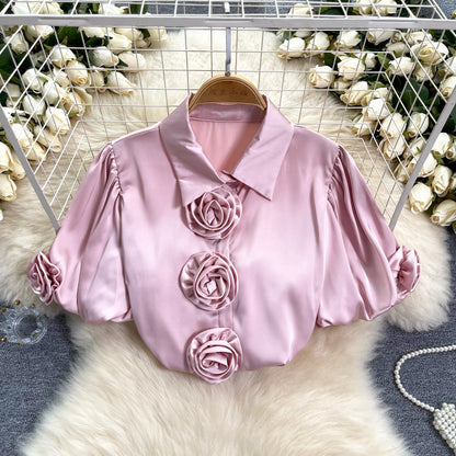 Three-dimensional Flower Puff Sleeve 1 French Satin Top