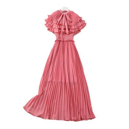 Silver Silk Pleated Elastic Waist Dress