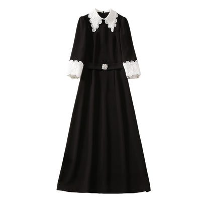 Water-soluble Lapel 34 Sleeve Color-matching Dress