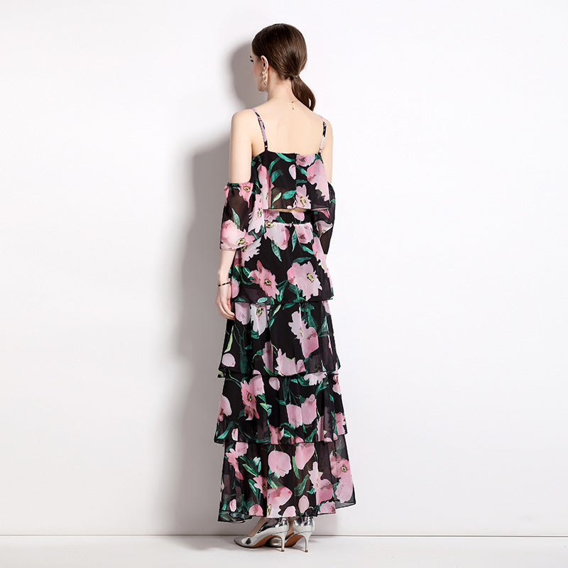 Vacation Style Chiffon Printed Cake Fairy Two-piece Set Long Dress