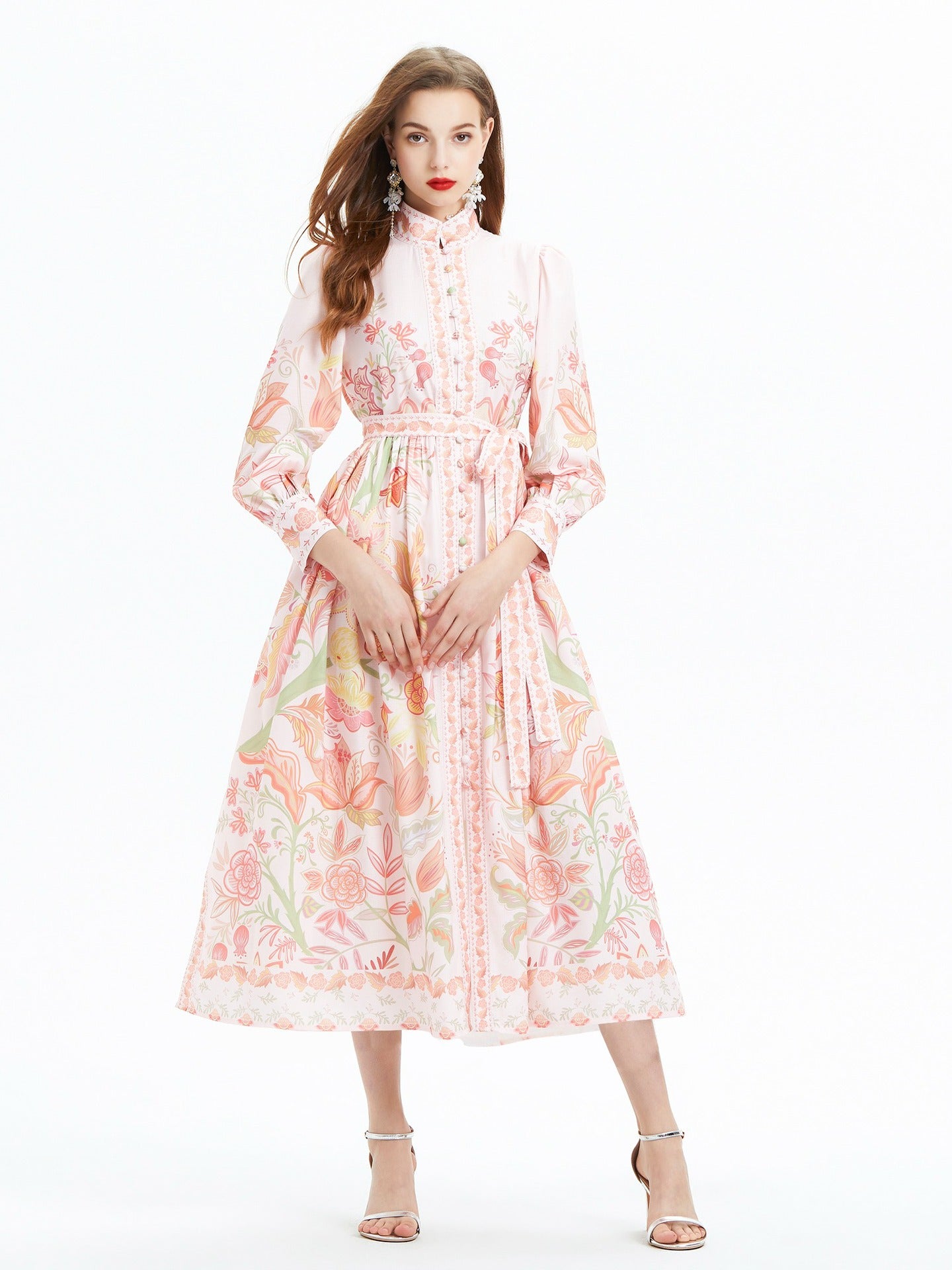 Lantern Sleeve Printed Long Sleeve Waist Trimming Ruffles Dress