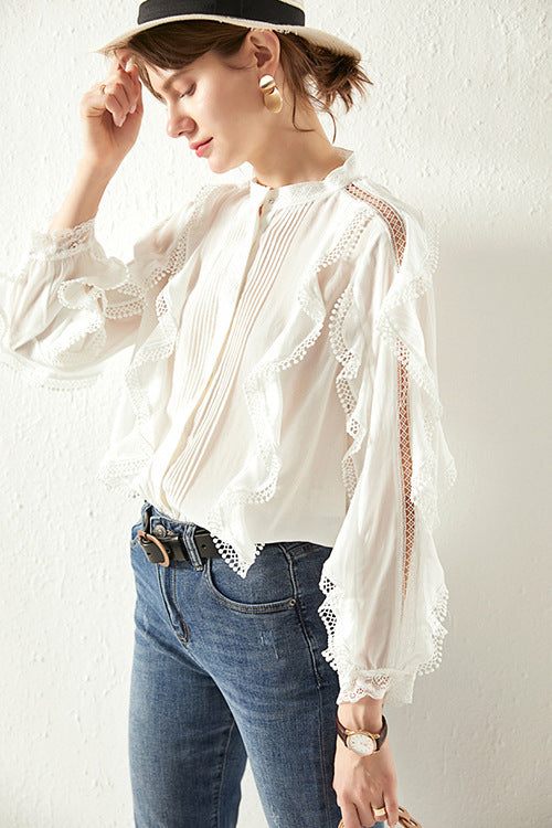 French Linen Elegant Wooden Ear Belly Covering Slimming Loose All-match Lace Sense Of Design Shirt