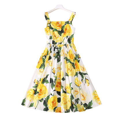 Fritillary Button Large Pocket Yellow Roses Sling Dress