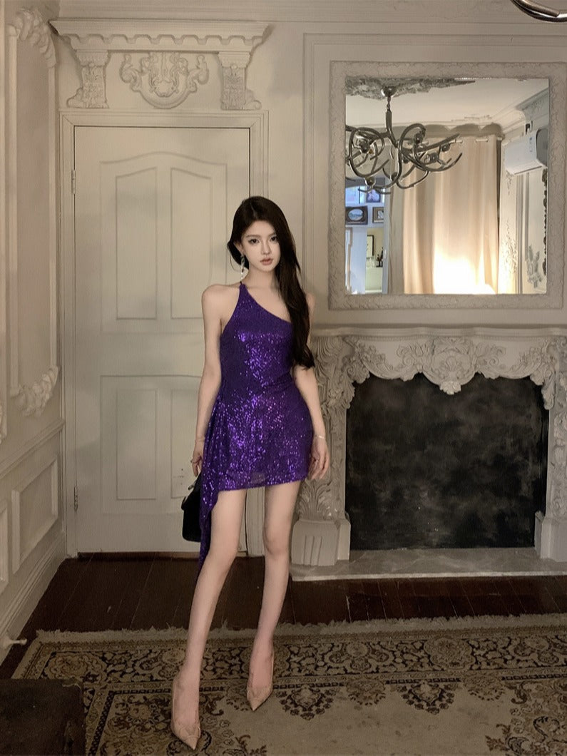 Purple Sequins Thin And Glittering Backless Irregular Hem Dress