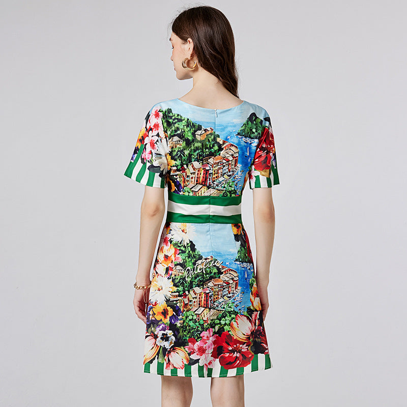 Off-neck Printed Short Sleeve Waist-controlled Dress