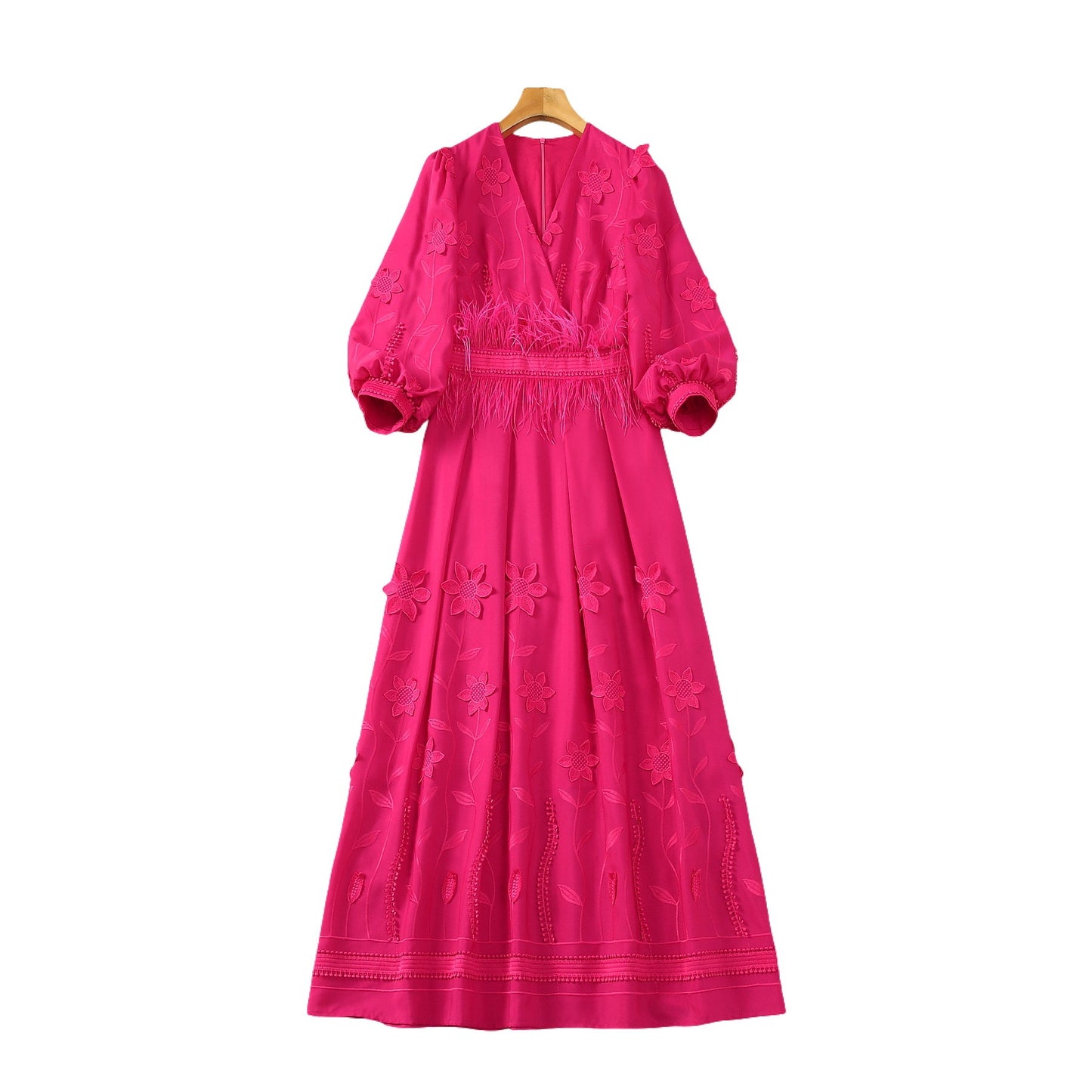 Wrapped Chest V-neck Embroidery Applique Feather Three-quarter Sleeve Fashion Dress