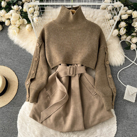 Conjunto de dos piezas de falda de traje de chaleco de suéter corto de moda de estilo coreano