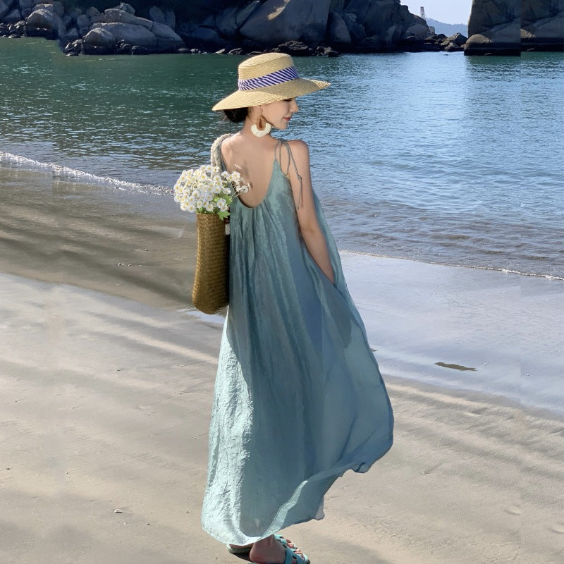 Sanya Seaside Vacation Travel Backless Green-blue Long Dress