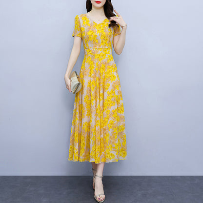 Spring And Autumn Chiffon Floral Dress Plus Size