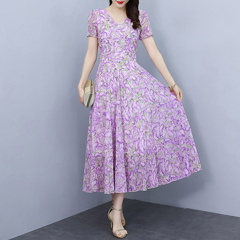 Spring And Autumn Chiffon Floral Dress