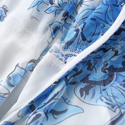 Silk Scarf Collar Blue And White Porcelain Printed Chiffon Fashion Dress