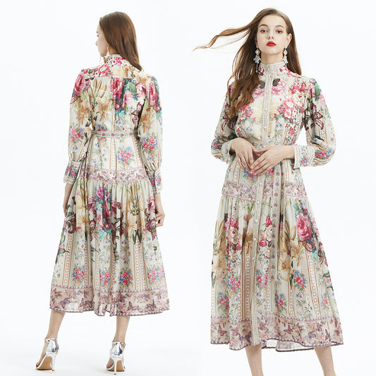 Lantern Sleeve Printed Long Sleeve Elegant Ruffle Long Dress Chiffon Two-piece Set