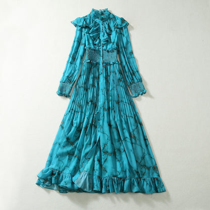 Stand Collar Ruffle Smocking Waist-controlled Long Sleeves Dress