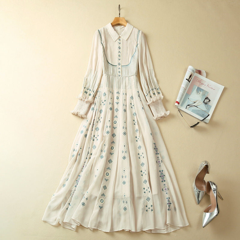 Heavy Industry Pleated Positioning Embroidery Lapel Long Sleeve Dress