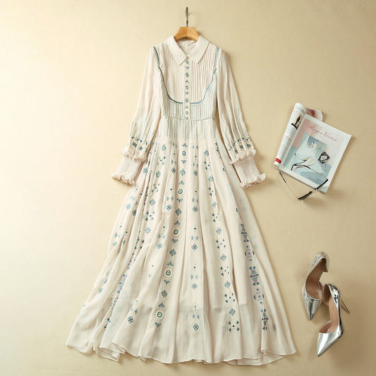 Heavy Industry Pleated Positioning Embroidery Lapel Long Sleeve Dress