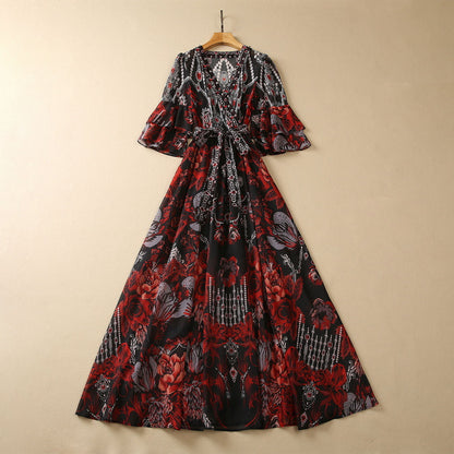 V-neck Flared Sleeves Lacing Chiffon Printing Dress