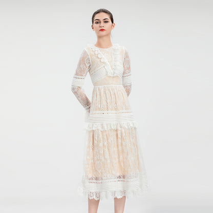 Pleated Stitching Lace Long Sleeve Dress