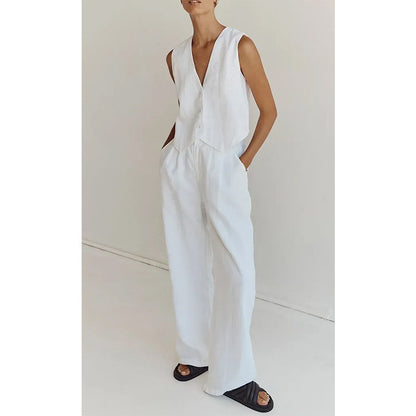 Cotton Linen Vest Wide Leg Pants Fashion Suit