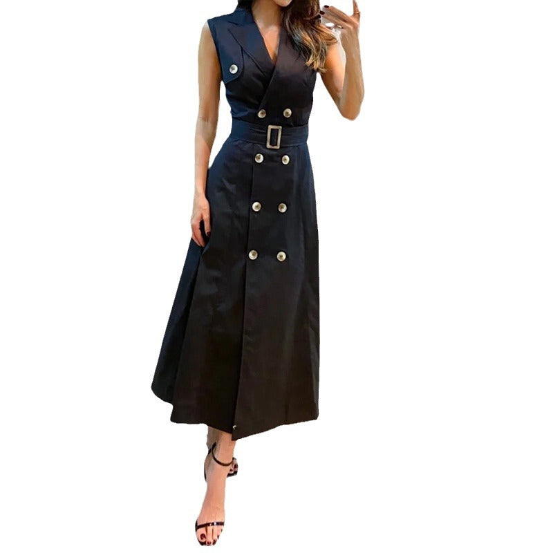 European And American Fashion Solid Color Multi-button Design Sleeveless Dress