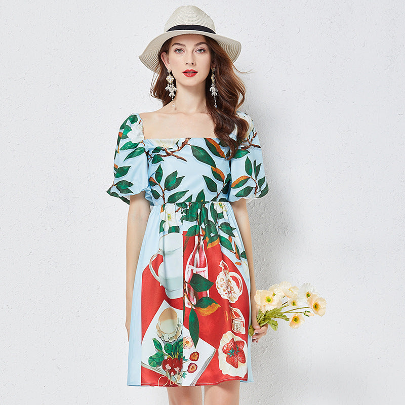 Positioning Printed Square Collar Stereo Puff Sleeve Dress