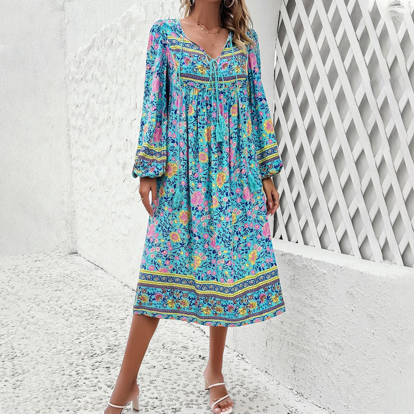 Women's Holiday Floral Print Long Sleeve Dress