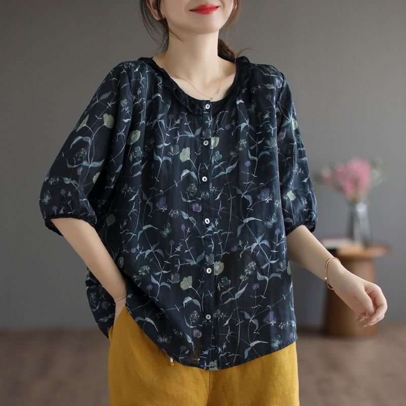 Retro Artistic Contrast Color Round Neck Oversized Short Sleeve Shirt