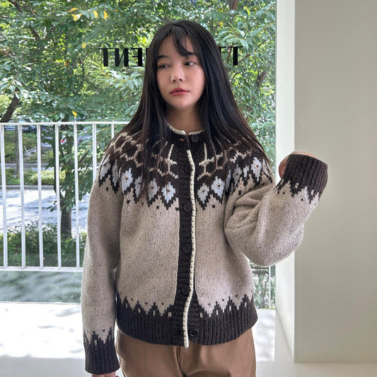 Retro Crew Neck Knitted Cardigan Contrast Color Diamond Plaid Loose All-match Soft Glutinous Sweater Coat