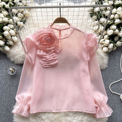 Sweet Ruffled Collar Pullover Puff Sleeve Chiffon Shirt