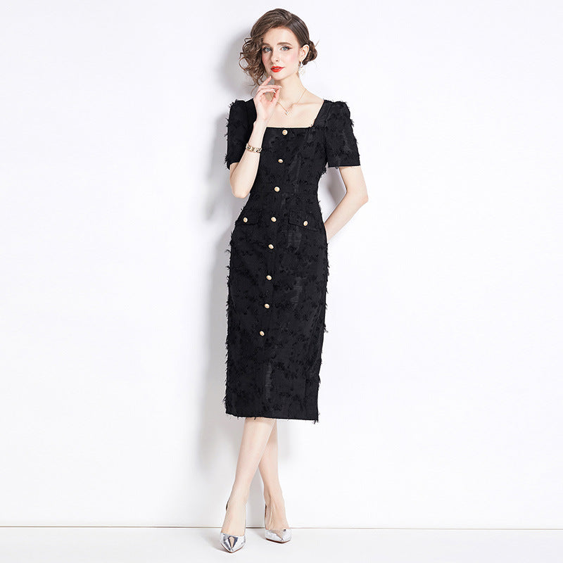 French Hepburn Style Vintage Tassel Black Dress