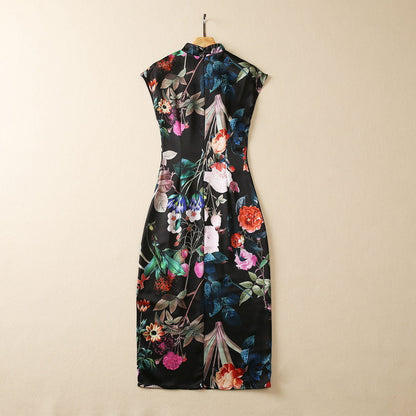 Split Vintage Buckle Piping Floral Print Acetate Dress