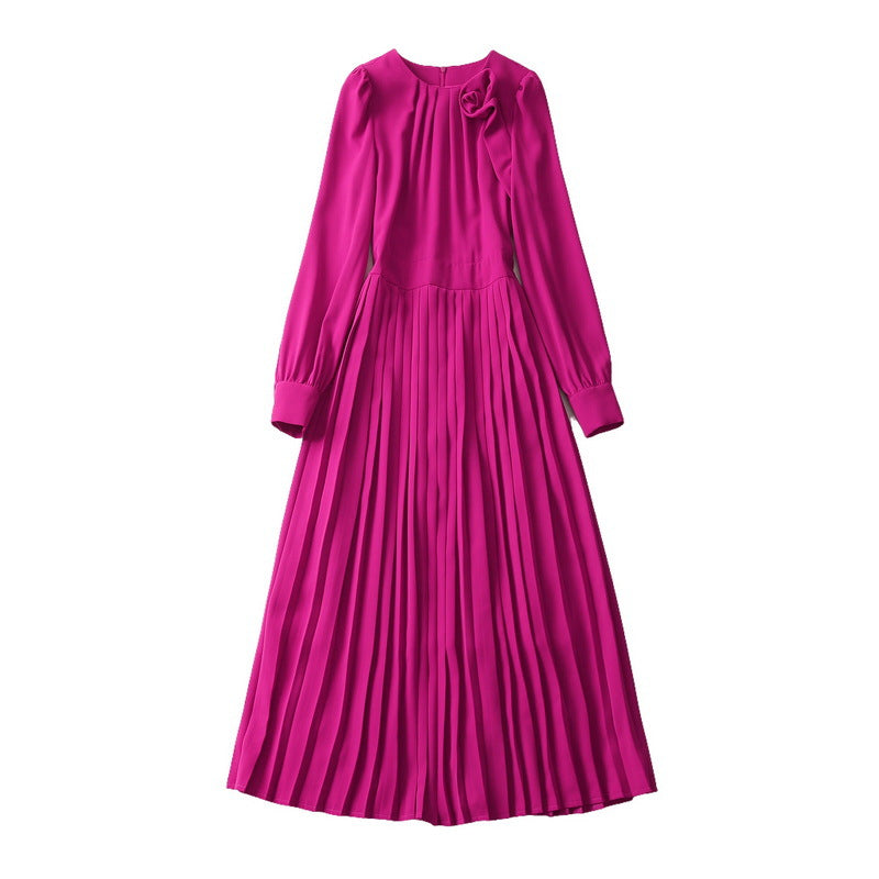 Panhua Pleated Round Neck Pleated Puffy Long Sleeve Dress