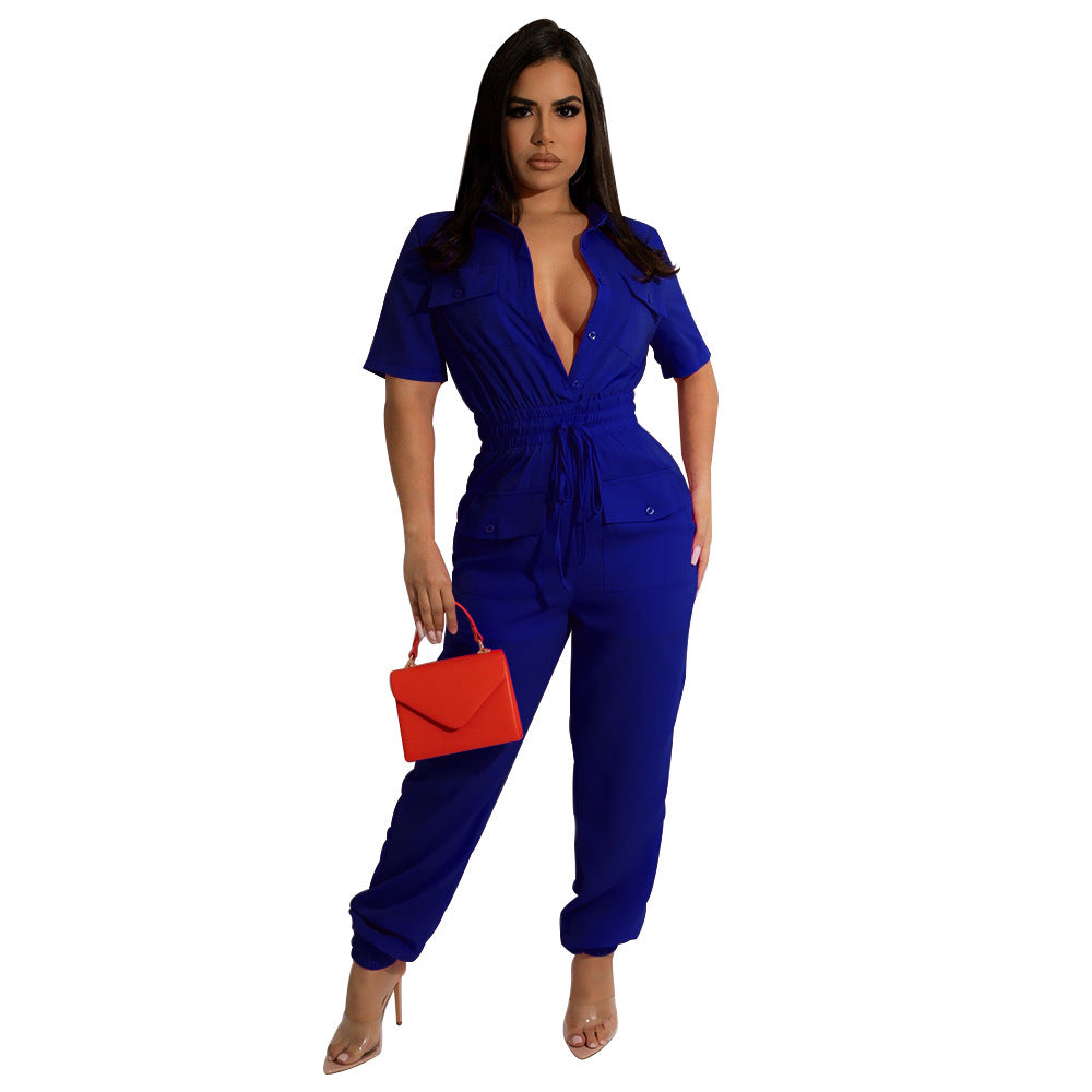 Short Sleeve Collar Slim-fit Lace Up Women's Jumpsuit