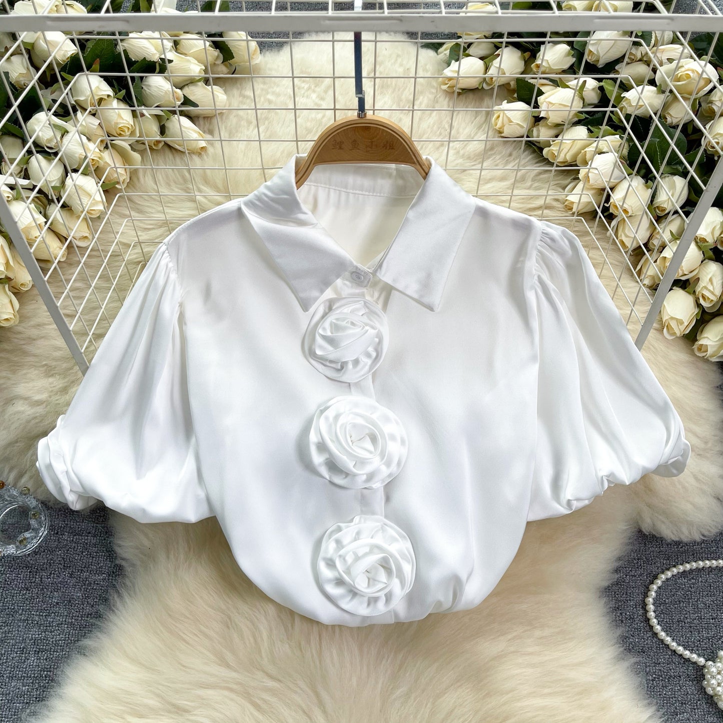 Three-dimensional Flower Puff Sleeve 1 French Satin Top