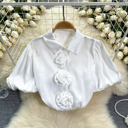 Three-dimensional Flower Puff Sleeve 1 French Satin Top