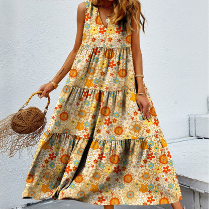 Printed V-neck Patchwork Large Swing Dress