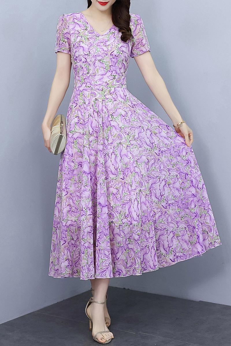 Spring And Autumn Chiffon Floral Dress