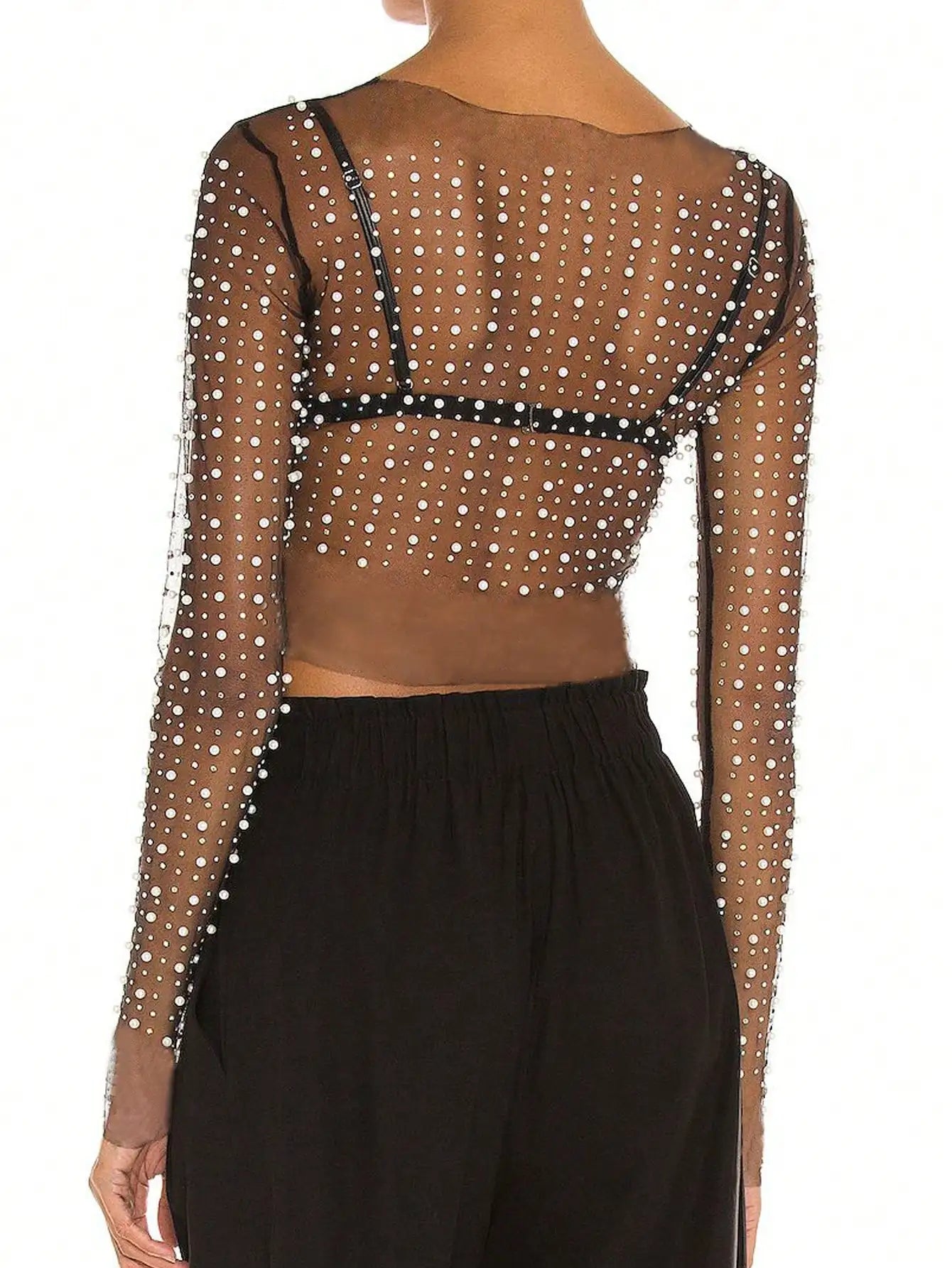 Sexy Women Fashion Pearls Beaded Rhinestone Detail Sheer Mesh Crop  Cover Up Top Carnival Clubwear Without Bra