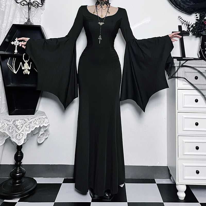 Robe sirène gothique à manches chauve-souris pour femmes de la famille Addams