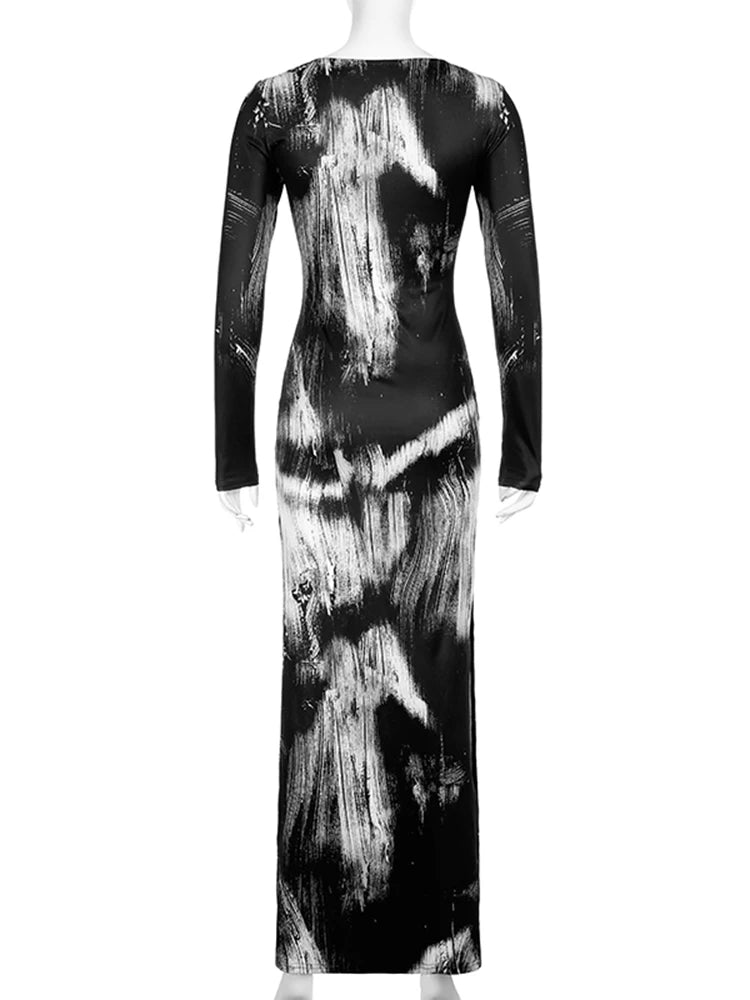 IAMSURE Slim Hollow Out Printed Split Dress Holiday Sexy V-Neck Long Sleeve Maxi Dresses For Women 2023 Autumn Spring Ladies