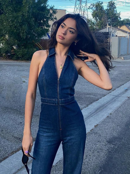 Hugcitar Denim Jumpsuit V Neck Zipper Bell Sleeveless Sexy Outifts Elegant Backpacker  Party Summer 2023