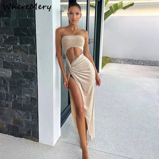 WhereMery Summer Sexy Sleeveless Slit Dress Hollow Out Skinny Elegant Women Long Dresses 2022  Fashion Ladies Party Club Vestido