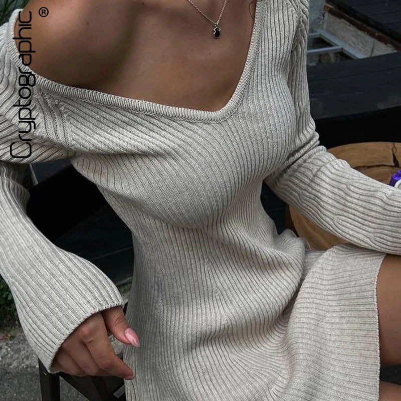 Cryptographic Elegant Ribbed Knit A-Line Mini Dress Fashion Club Outfits for Women Jersey V Neck Sweater Dresses Autumn 2023