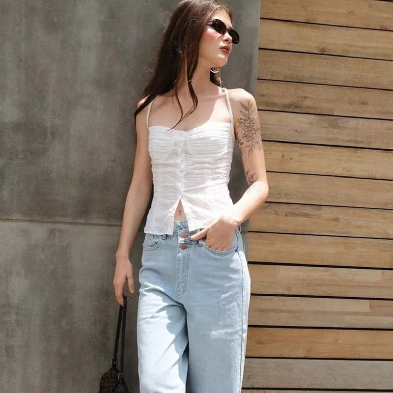 WhereMery  Elegant Floral Hollow Out Tank Top Sexy V-neck Women Button Up Cardigan Tops 2022 Summer Slim Fitting Streetwear Vest