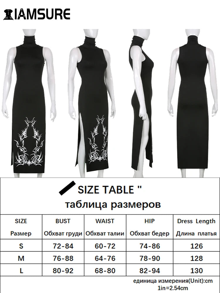 IAMSURE-vestido oscuro con abertura lateral para mujer, vestido gótico Sexy ajustado con cuello alto, vestidos largos sin mangas para mujer, ropa de fiesta y Club nocturno 2021