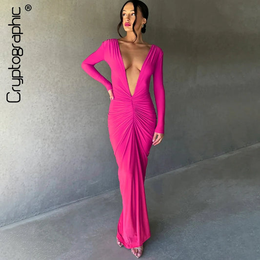 Cryptographic Fashion Ruched Draped Deep V Maxi Dress Elegant Knit Long Sleeve Club Party Dresses Gown Birthday Fashion Outfits