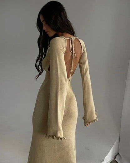 Robe longue en tricot cryptographique pour femmes, tenue élégante, manches évasées, dos nu, Sexy, vêtements champignon d'arbre comestible