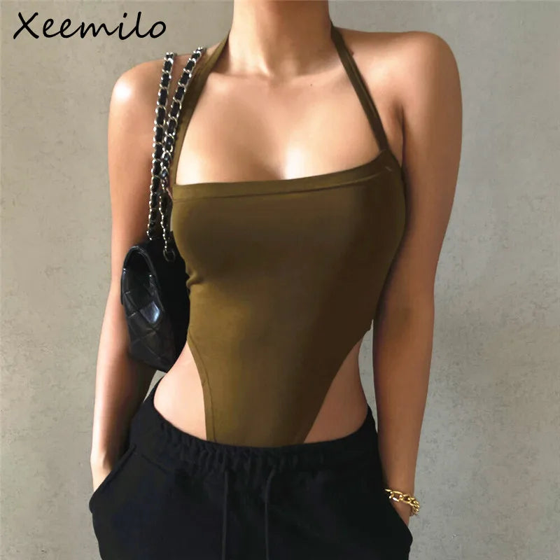 Xeemilo-body Sexy con hombros descubiertos y cuello Halter para verano, camiseta Y2K ceñida con espalda descubierta de una pieza, ropa de calle informal, monos con cuello ojal