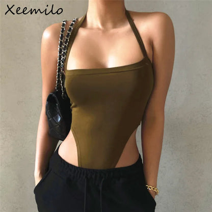 Xeemilo-body Sexy con hombros descubiertos y cuello Halter para verano, camiseta Y2K ceñida con espalda descubierta de una pieza, ropa de calle informal, monos con cuello ojal