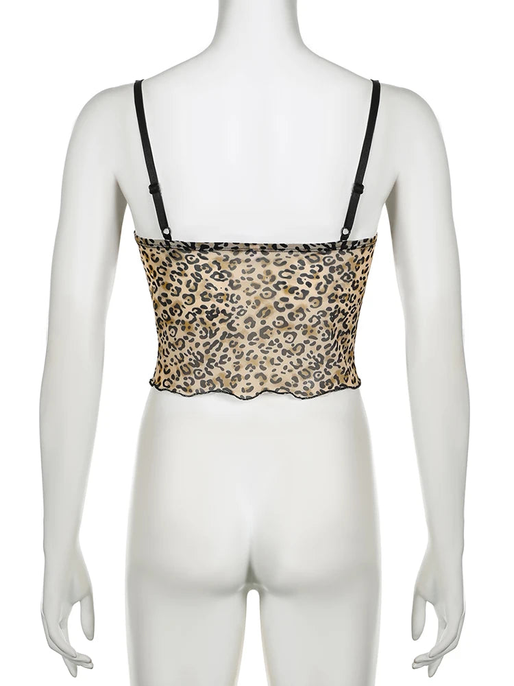 IAMSURE-Camiseta de malla con estampado de leopardo para mujer, Top Sexy transparente con adorno de encaje ajustado, camisetas sin mangas con cuello ojal, camisetas sin mangas 2023